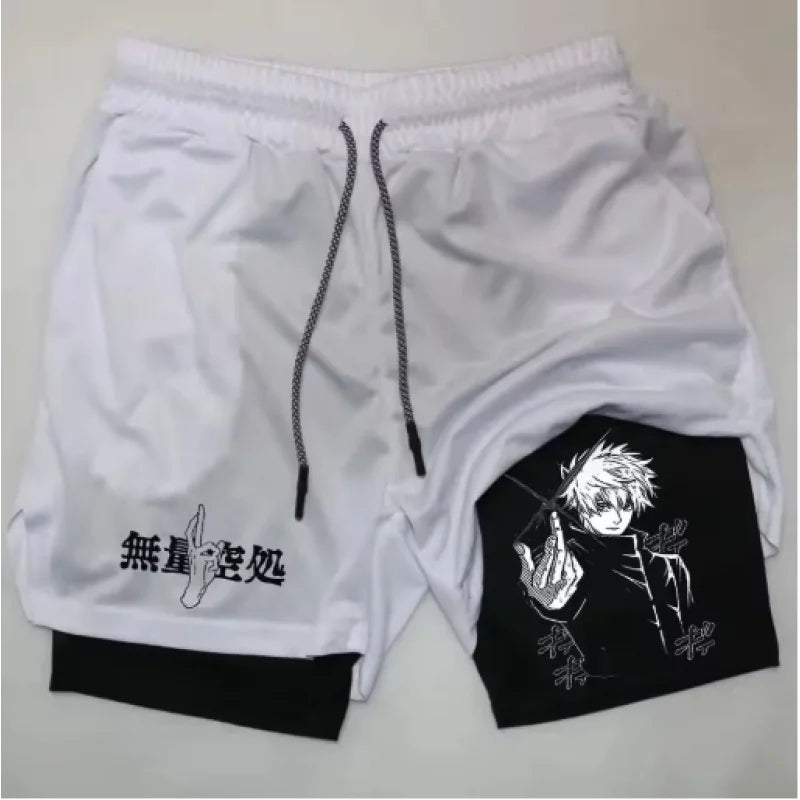 Short blanc avec cordon, poche intérieure noire et imprimé manga sur la jambe
