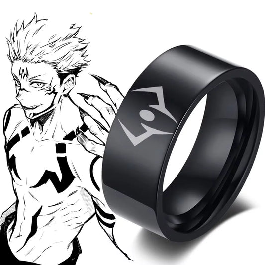 Bague noire mate avec symbole blanc gravé sur l’anneau