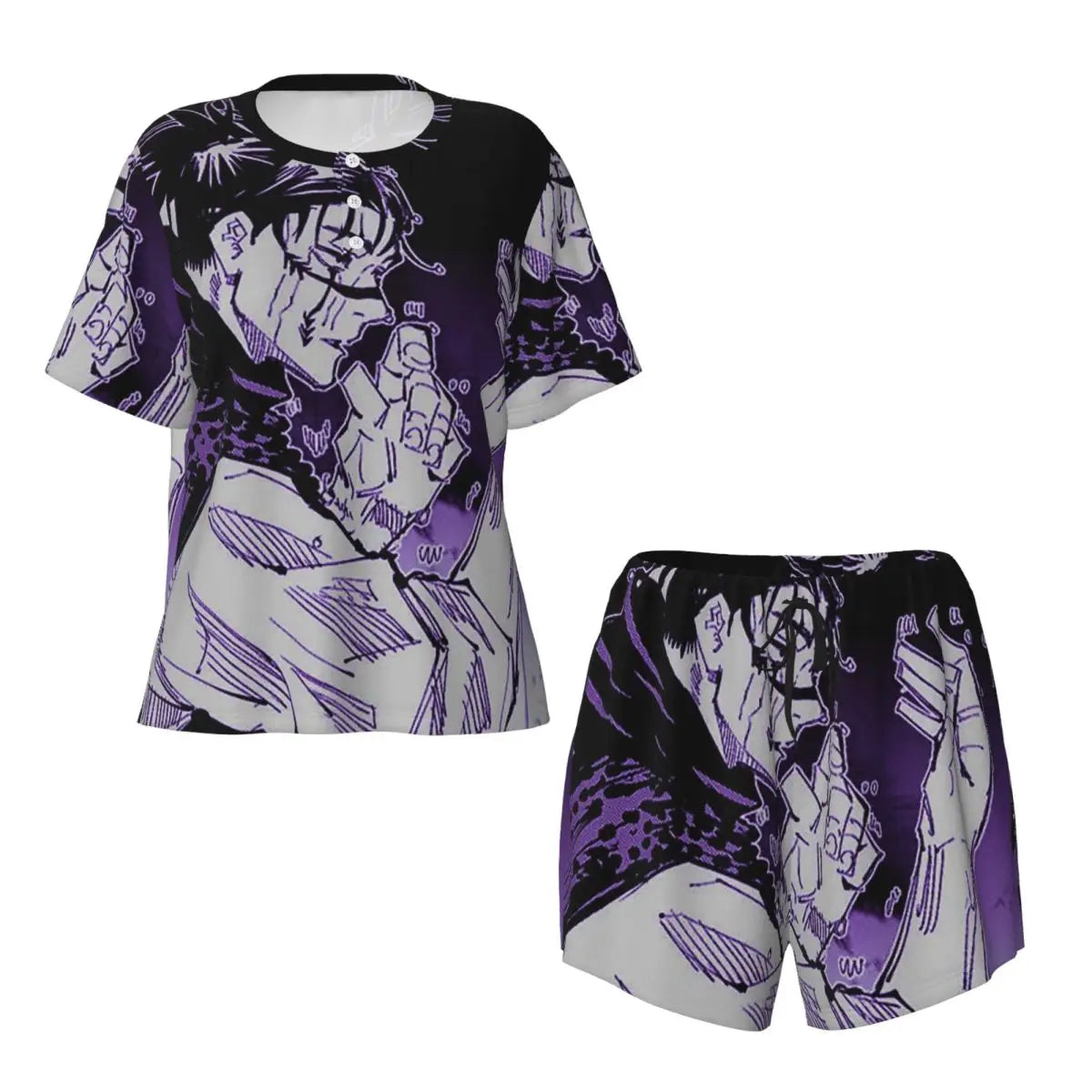 Pyjama fille imprimé violet : t-shirt à manches courtes et short assorti, ensemble