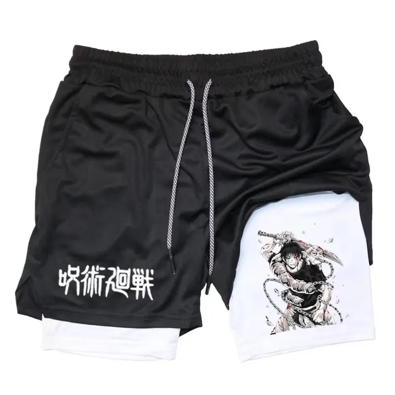 Black drawstring shorts with anime graphic and layered white hem