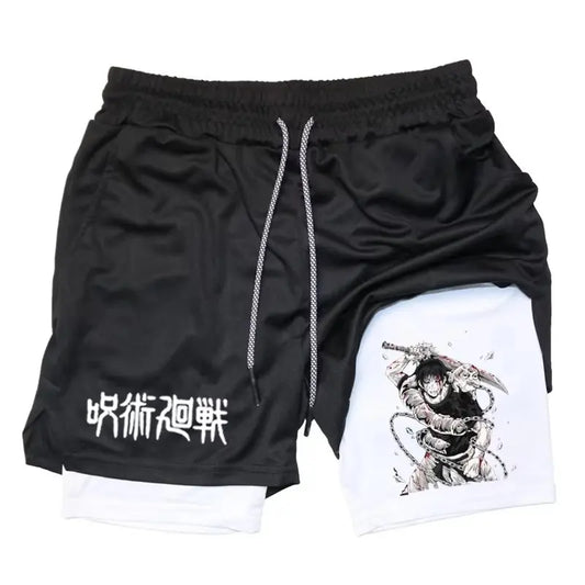 Black drawstring shorts with anime graphic and layered white hem