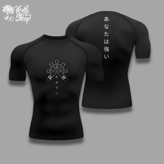 Black compression T-shirt with Mahoraga emblem front; back shows vertical Japanese lettering