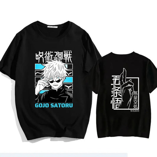 Black Jujutsu Kaisen Gojo graphic t-shirt, front/back with slogan and character art