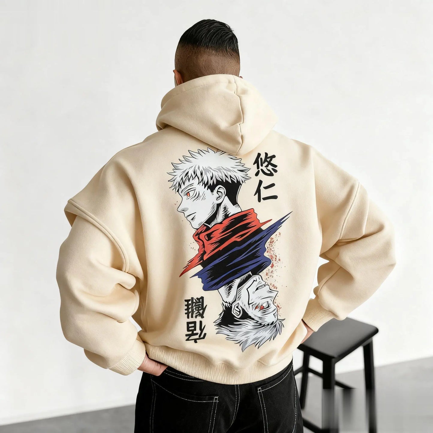 Cream hoodie back print with Sukuna character illustration and red/blue flame graphics