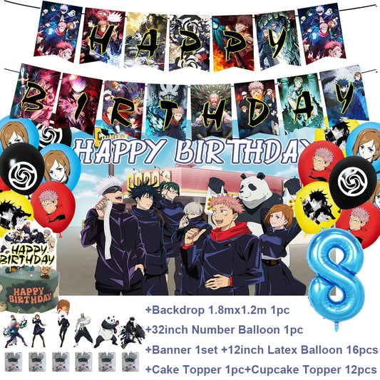 Décoration anniversaire Jujutsu Kaisen : banderole « Happy Birthday », ballons et chiffre 8.
