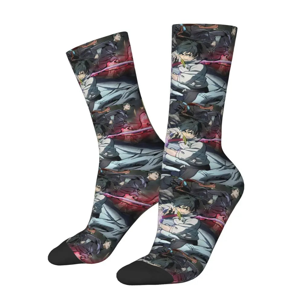 Pair of crew socks featuring an anime battle scene print with red highlights