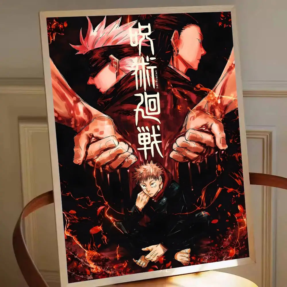 Poster encadré Jujutsu Kaisen aux tons rouge et noir, personnage au centre, mains levées