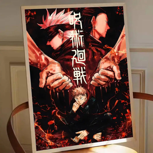 Poster encadré Jujutsu Kaisen aux tons rouge et noir, personnage au centre, mains levées