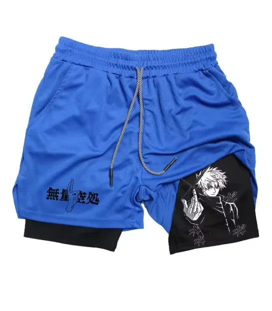 Blue drawstring shorts with black side panel and character graphic on the leg