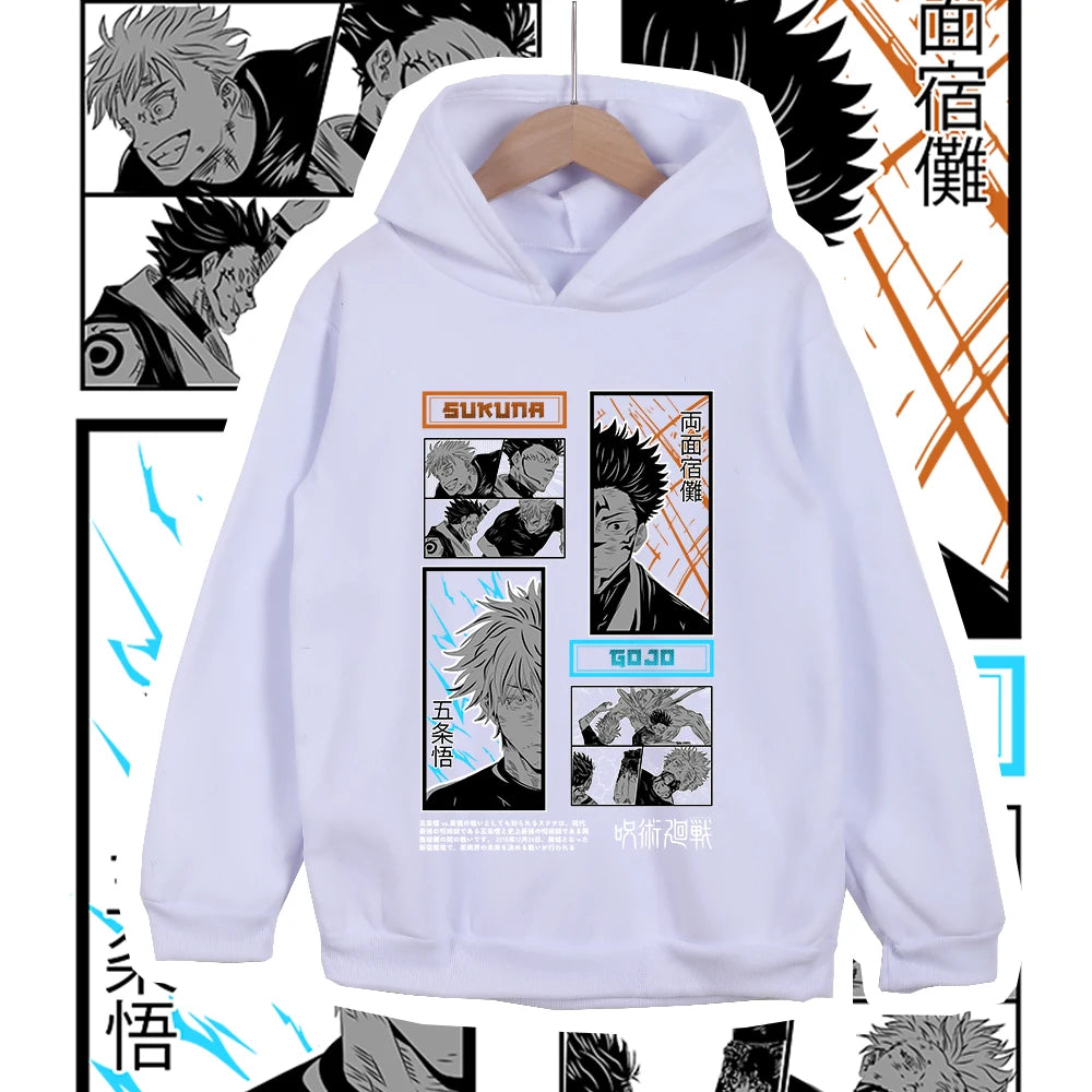 Hoodie blanc à capuche, grand graphisme manga sur la poitrine, manches longues