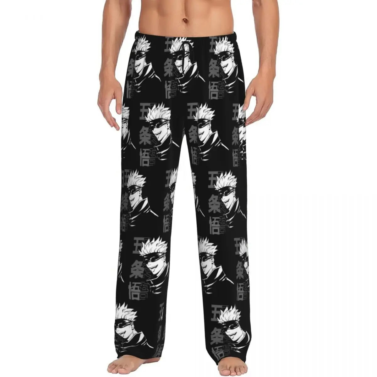 Pantalon pyjama noir à motifs de personnages blancs, ceinture à cordon