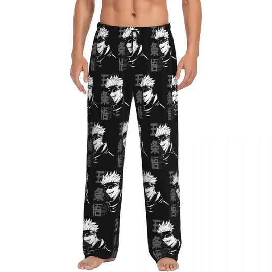 Pantalon pyjama noir à motifs de personnages blancs, ceinture à cordon