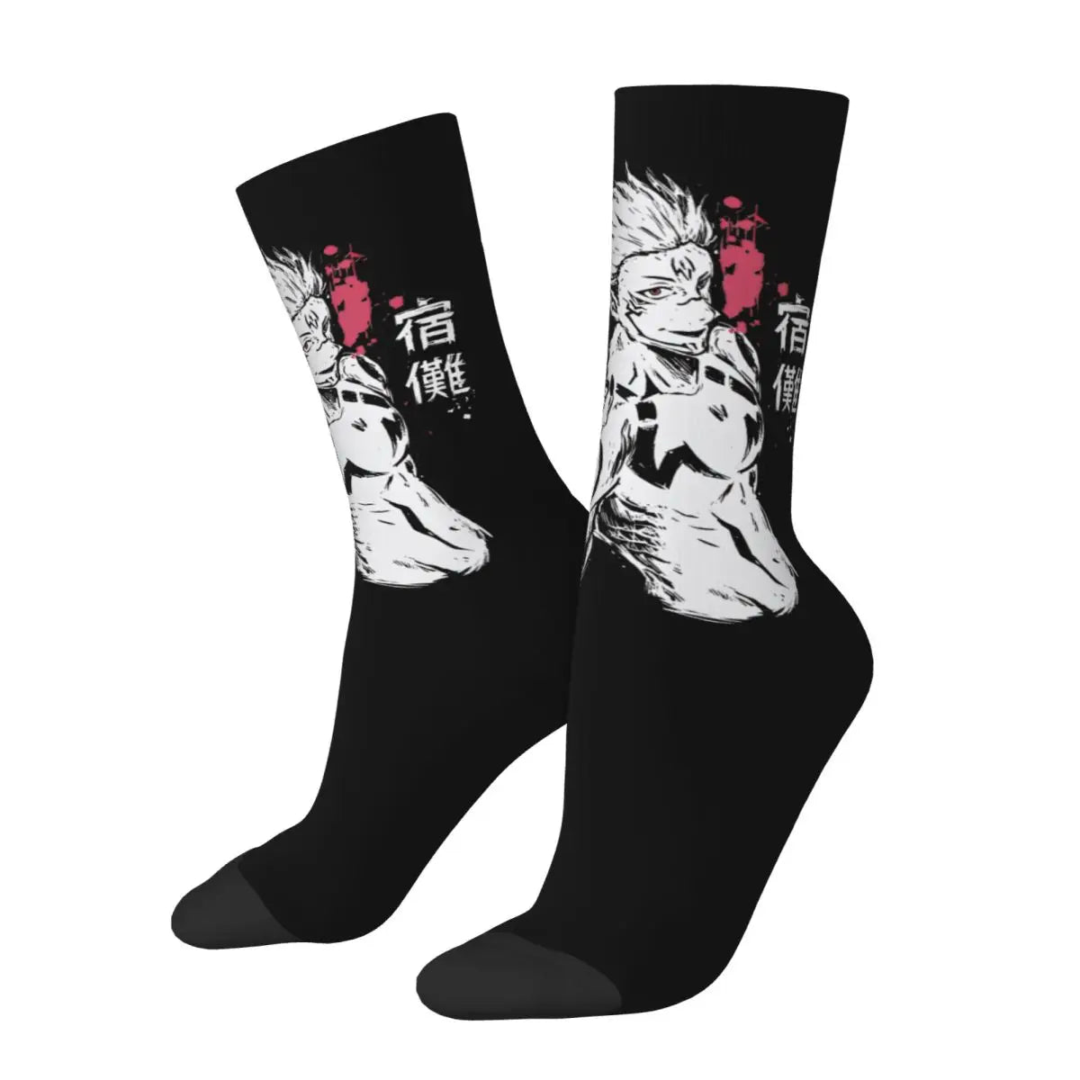 Paire de chaussettes noires avec portrait Sukuna blanc, tache rouge et texte japonais