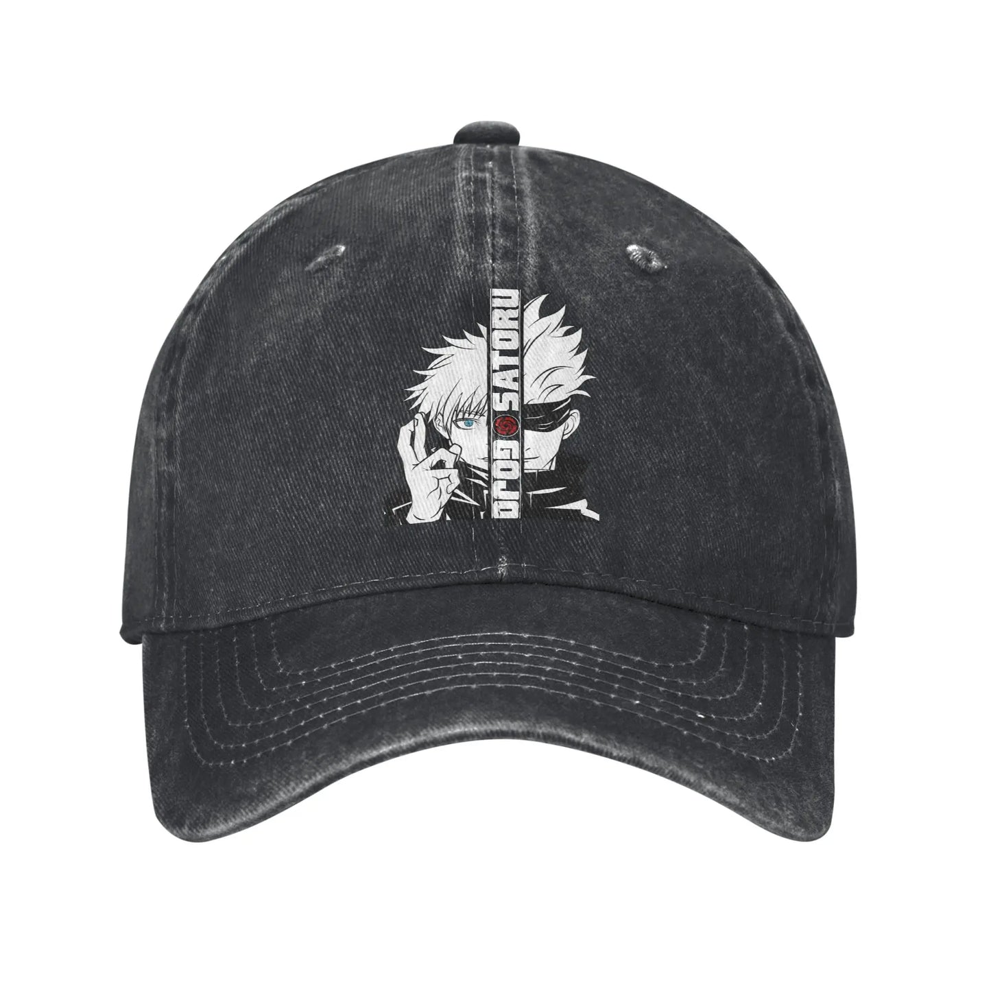 Casquette denim délavé noire, patch Gojo Satoru, coutures contrastées sur la visière