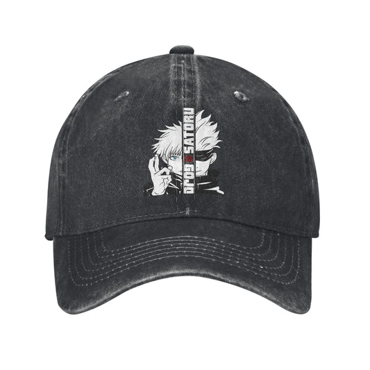 Casquette denim délavé noire, patch Gojo Satoru, coutures contrastées sur la visière