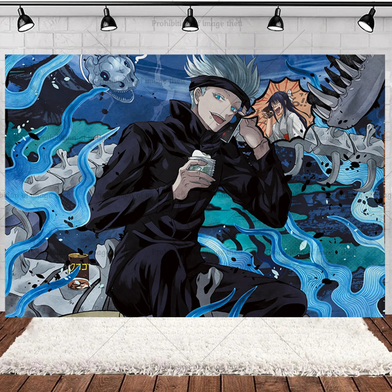 Bannière d’anniversaire avec personnage en tenue noire et créatures bleues, décor aquatique