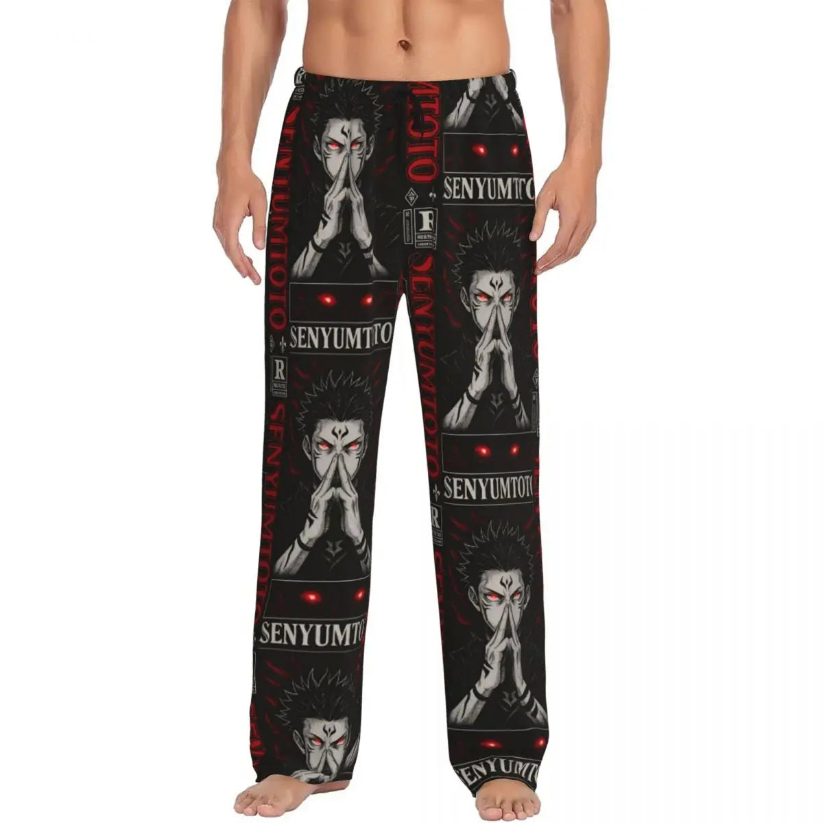 Pantalon de pyjama long noir, motifs Sukuna yeux rouges et rayures bordeaux