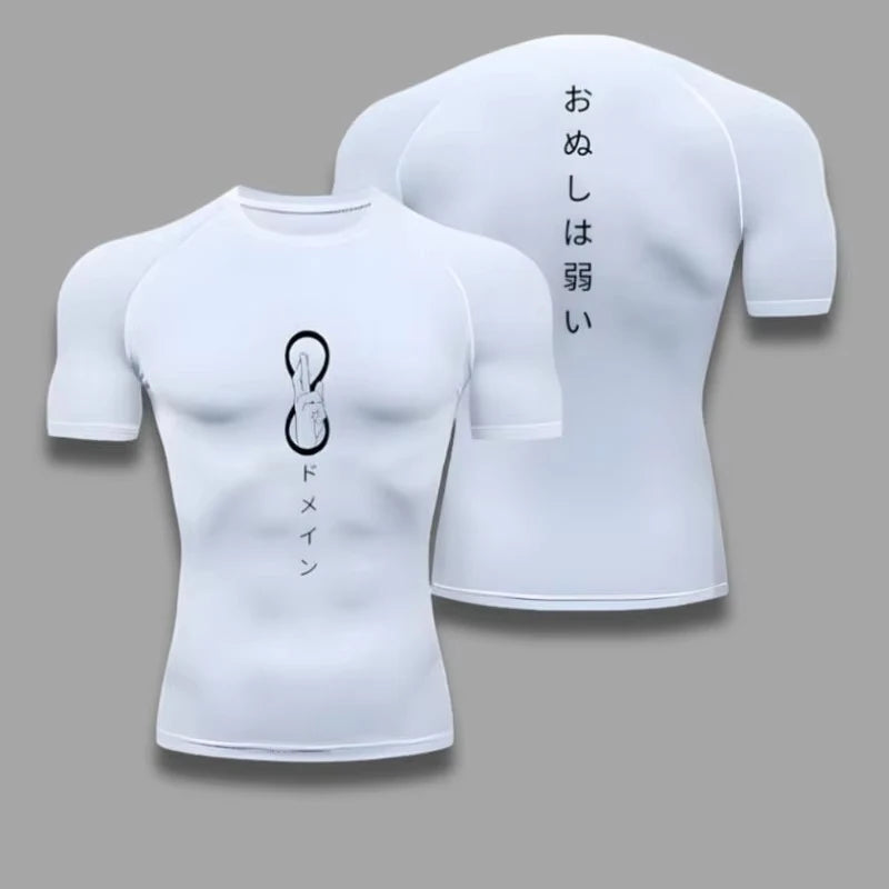 White compression T-shirt with front graphic and Japanese vertical text, athletic fit