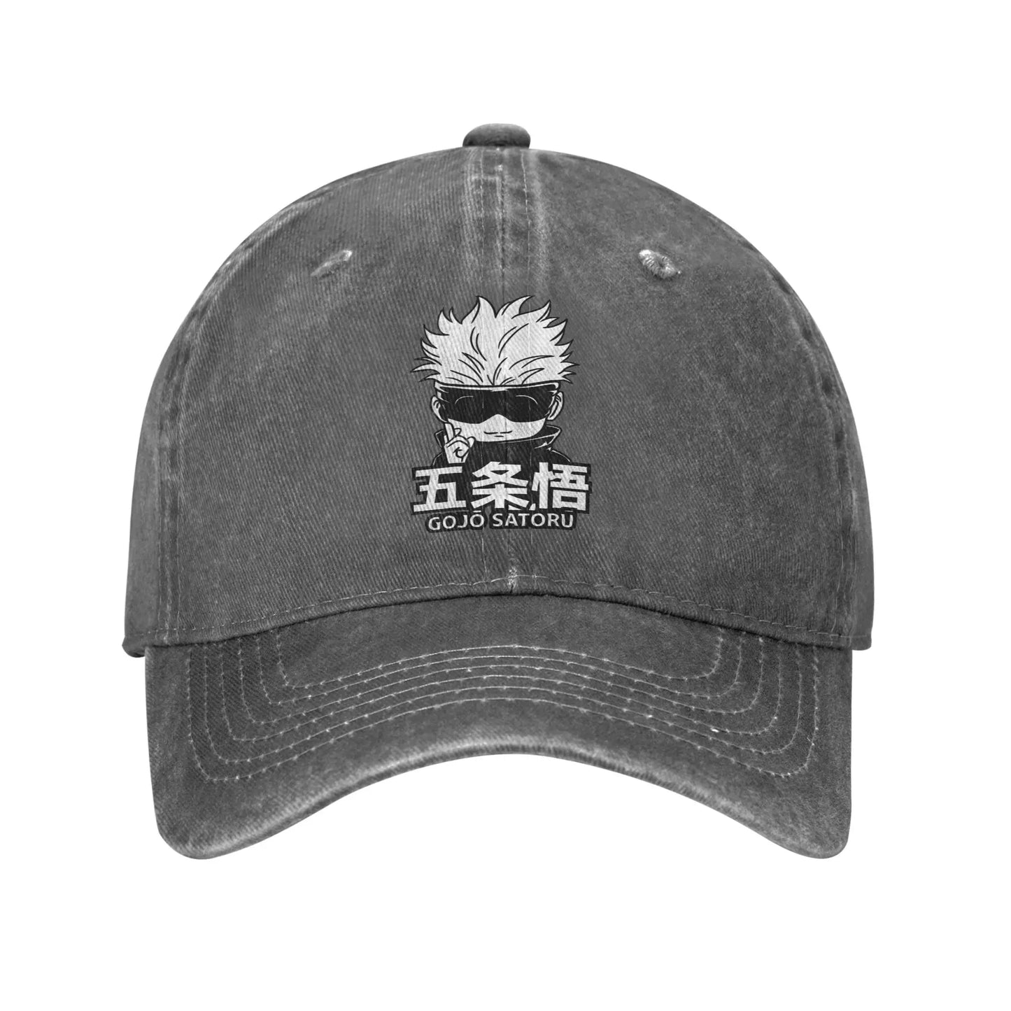 Casquette style Gojo mini en coton gris foncé, visuel manga brodé sur l’avant