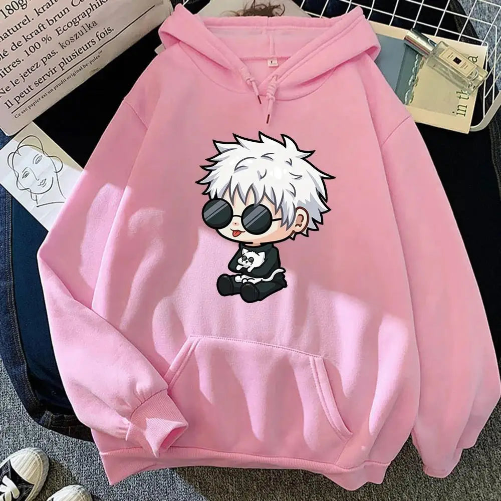 Hoodie rose clair à capuche, motif manga du personnage aux lunettes au centre
