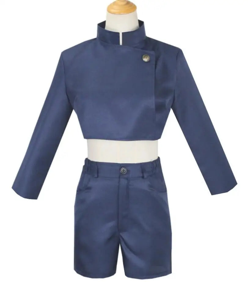 Ensemble costume: veste courte bleu foncé et short assorti, col droit, costume femme