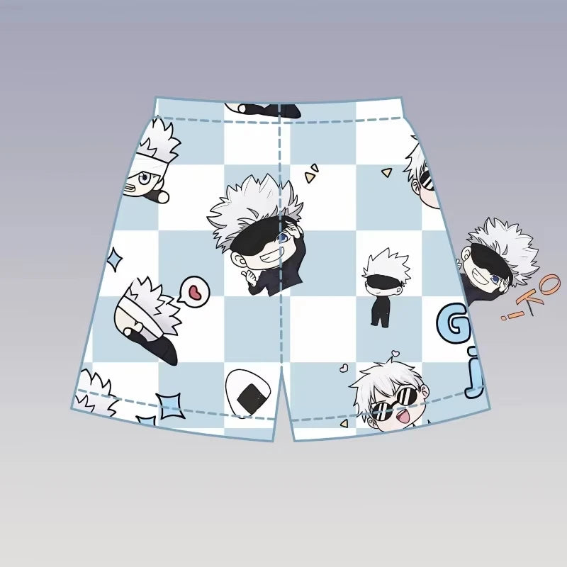 Short de pyjama Gojo à carreaux bleu, taille élastique, motifs Jujutsu