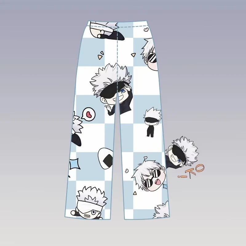 Pantalon de pyjama Gojo à carreaux bleu, motif personnages Jujutsu