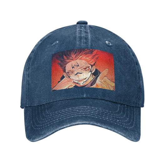 Casquette denim bleu avec patch carré du personnage souriant, bord piqué, fermeture réglable