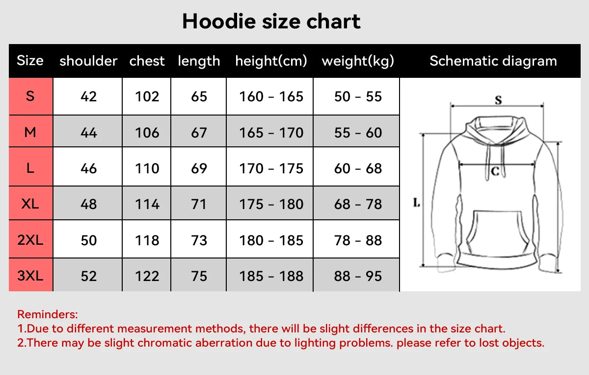 Hoodie size chart with shoulder, chest, length, height (cm), weight (kg) measurements