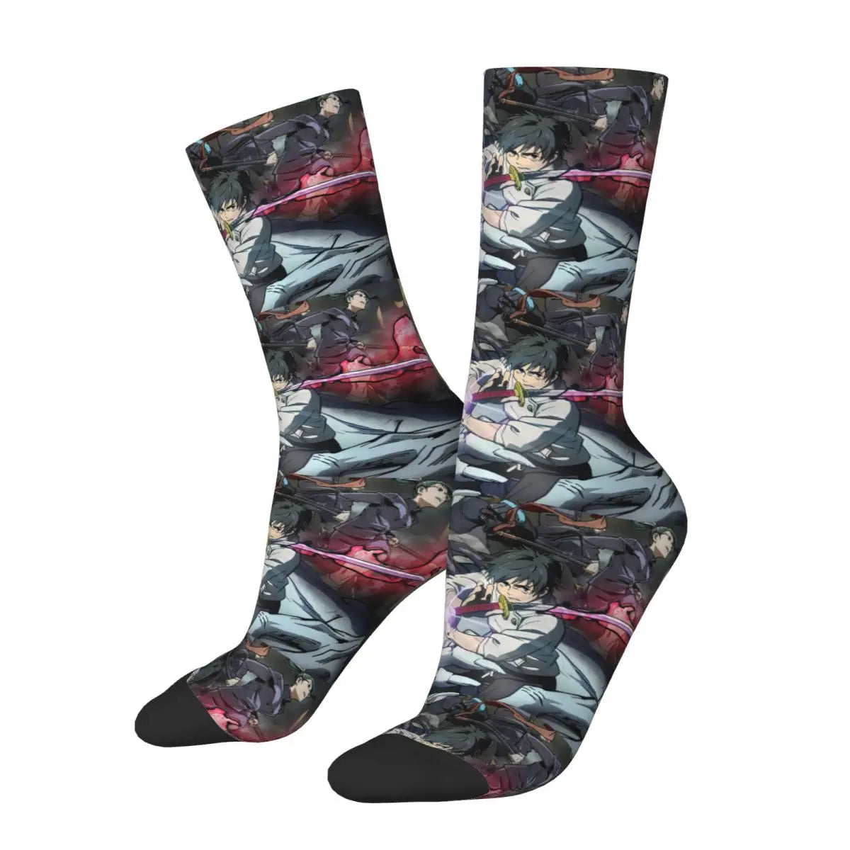 Chaussettes à motif combat animé, tons gris-bleu et rouge, pointes noires.