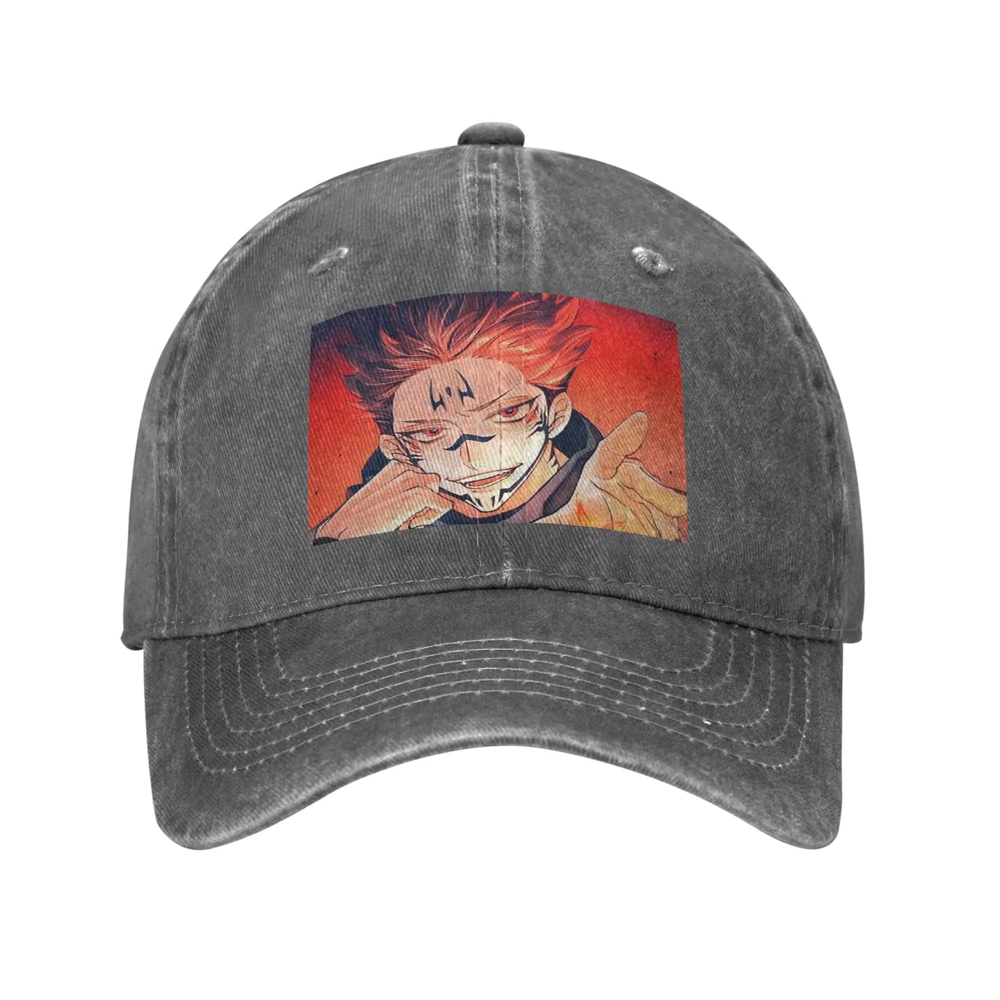 Casquette en toile grise avec patch carré du personnage souriant, coutures de visière marquées