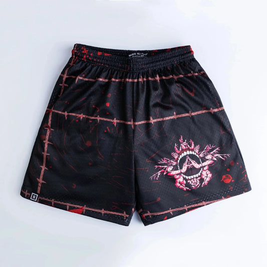 Black graphic jujutsu shorts with elastic waistband, red lines and Sukuna emblem