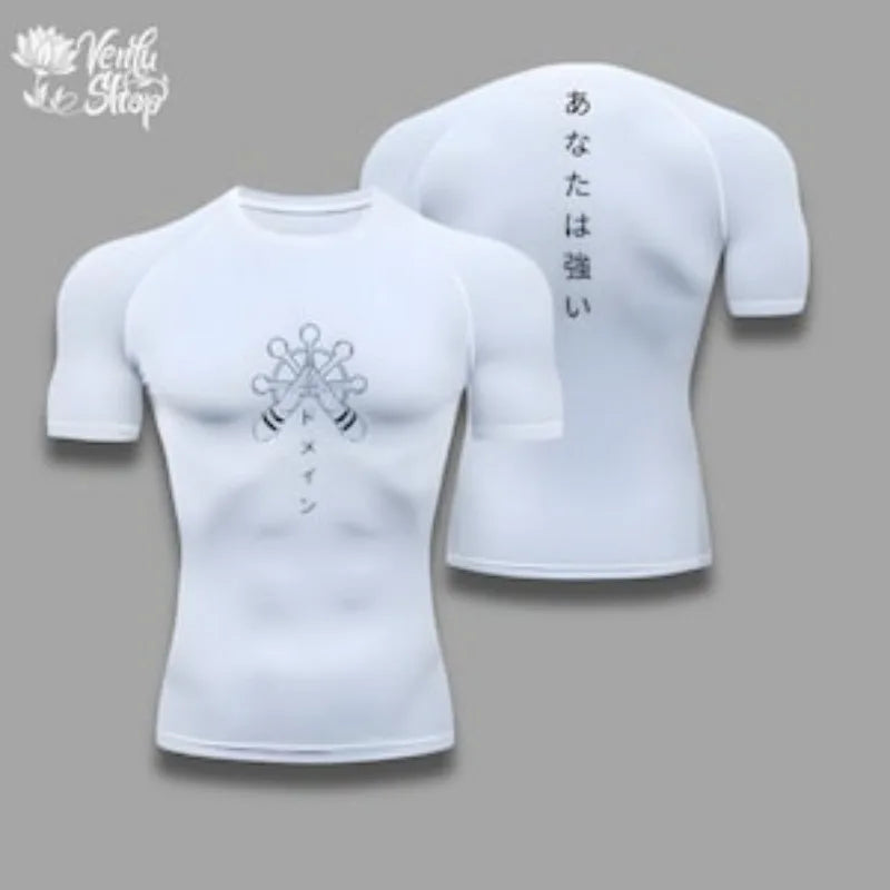 White compression T-shirt with Mahoraga emblem front; back has vertical Japanese lettering