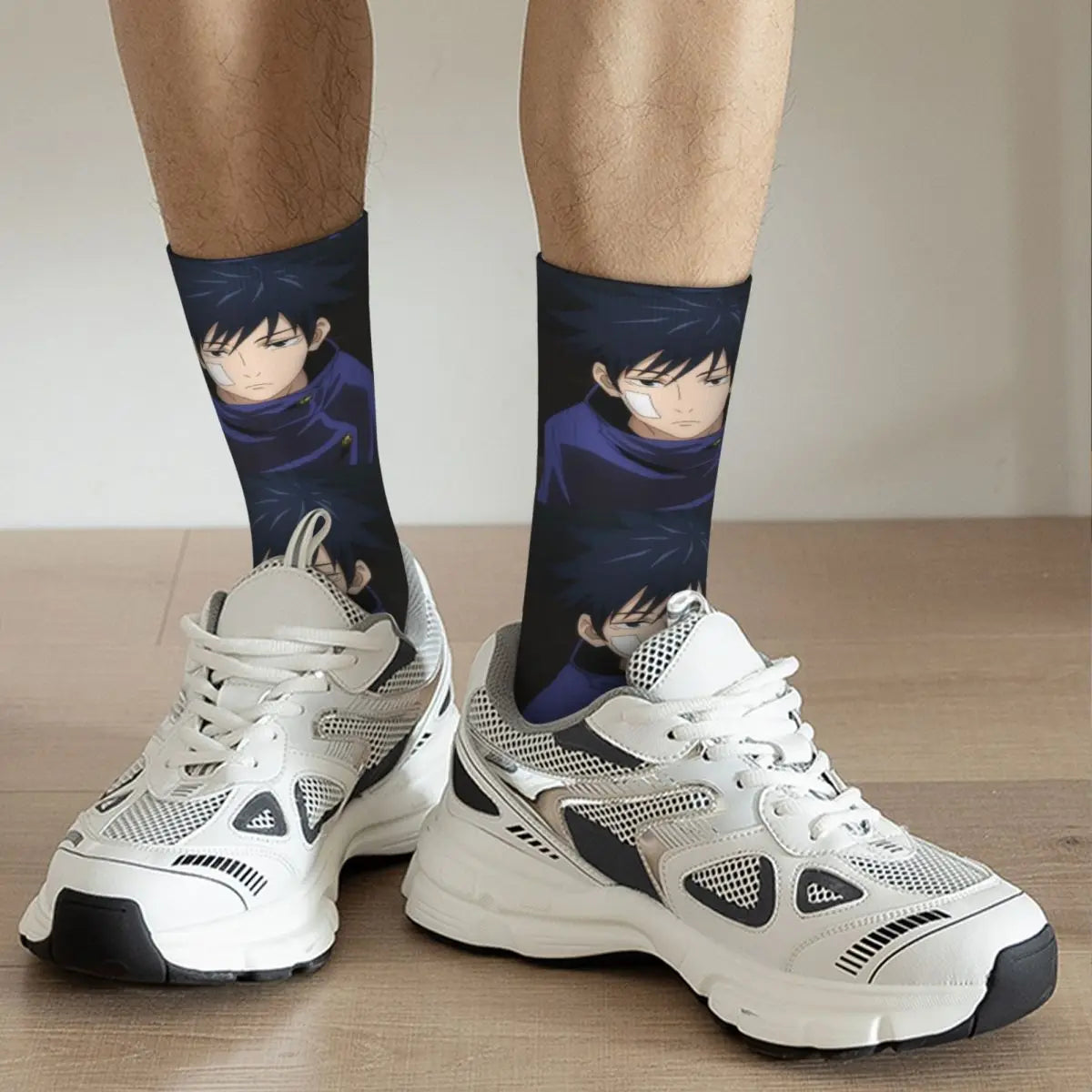 Black crew socks with purple anime character print worn with white sneakers