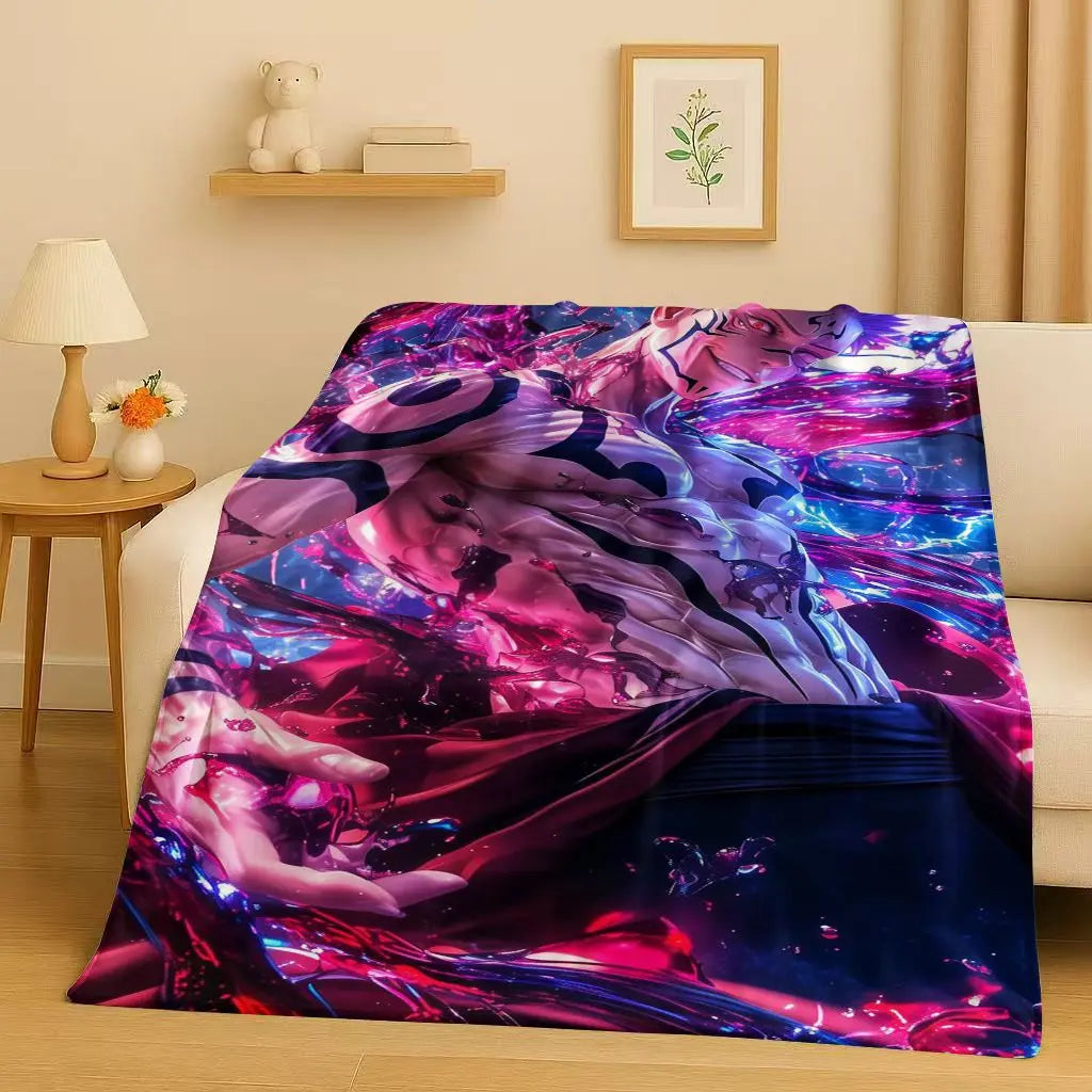 Plaid Jujutsu Kaisen Sukuna en violet, rose et bleu, motif néon abstrait, surface pliée