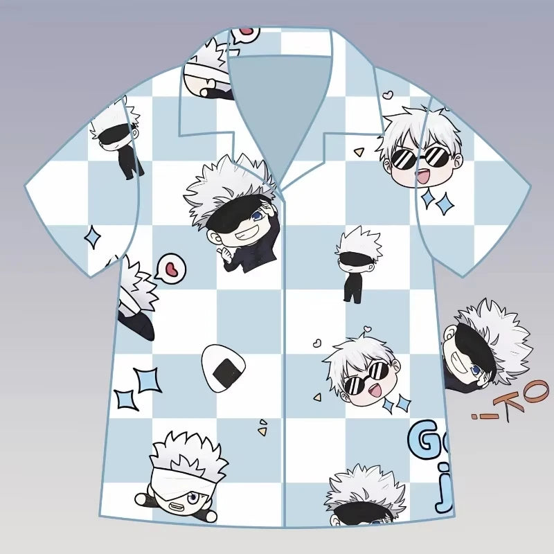 Chemise de pyjama Gojo à carreaux bleu, col ouvert, motifs Jujutsu