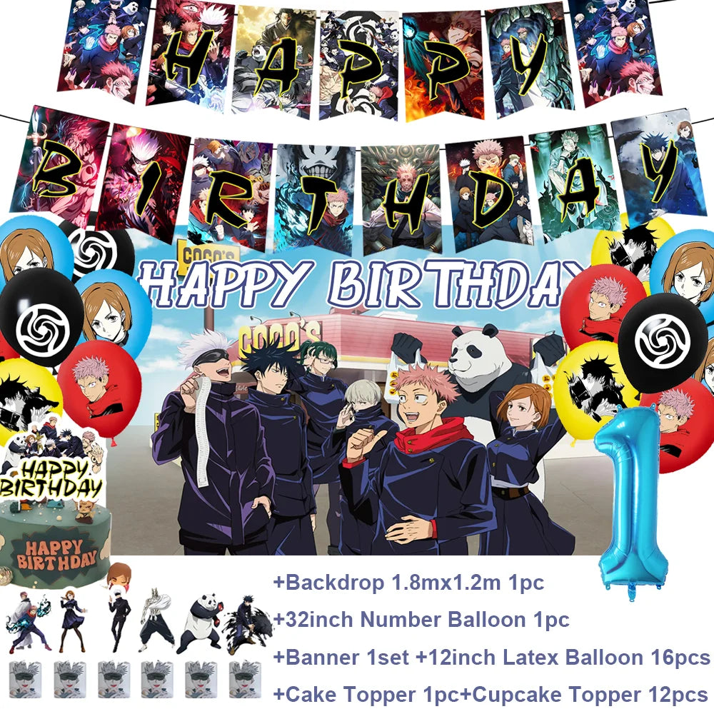 Kit anniversaire Jujutsu Kaisen avec guirlandes, ballons et ballons chiffres 1 an