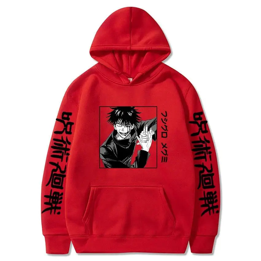 Hoodie rouge à capuche avec imprimé Megumi Fushiguro sur le devant