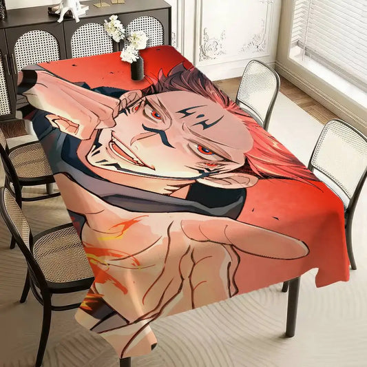 Nappe orange avec grand visuel de personnage anime, bord à motif noir et rouge.