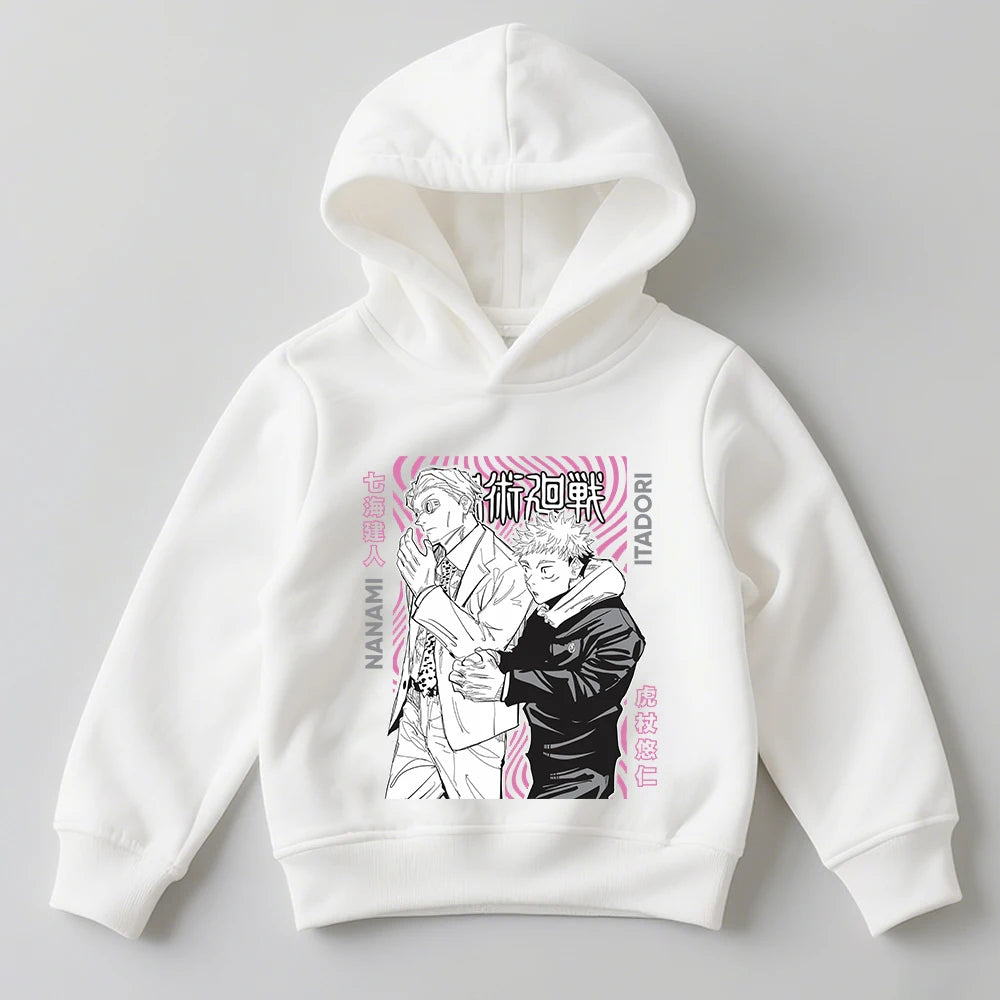 Pull à capuche blanc avec imprimé Itadori et Nanami sur la poitrine