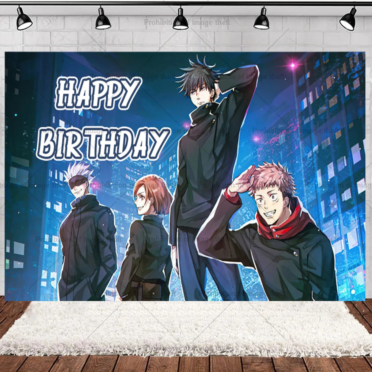 Bannière d’anniversaire Jujutsu Kaisen bleue avec texte « Happy Birthday » et personnages