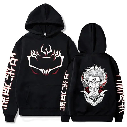 Dark hooded sweatshirt with front and back Sukuna graphic, long sleeves, pouch pocket
