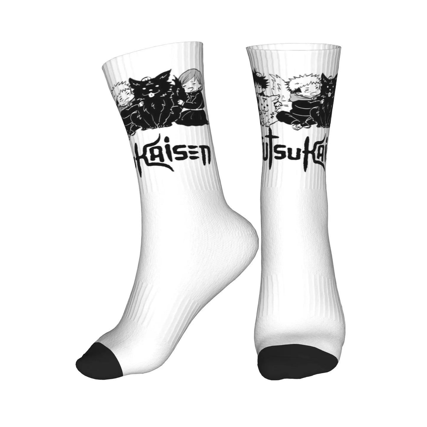 Chaussettes blanches Jujutsu Kaisen, motif chats et personnages, bord noir