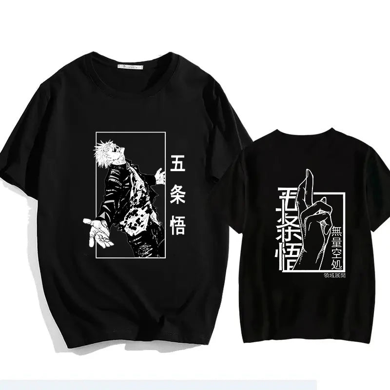 Black T-shirt with front and back white graphic print