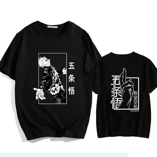 Black T-shirt with front and back white graphic print