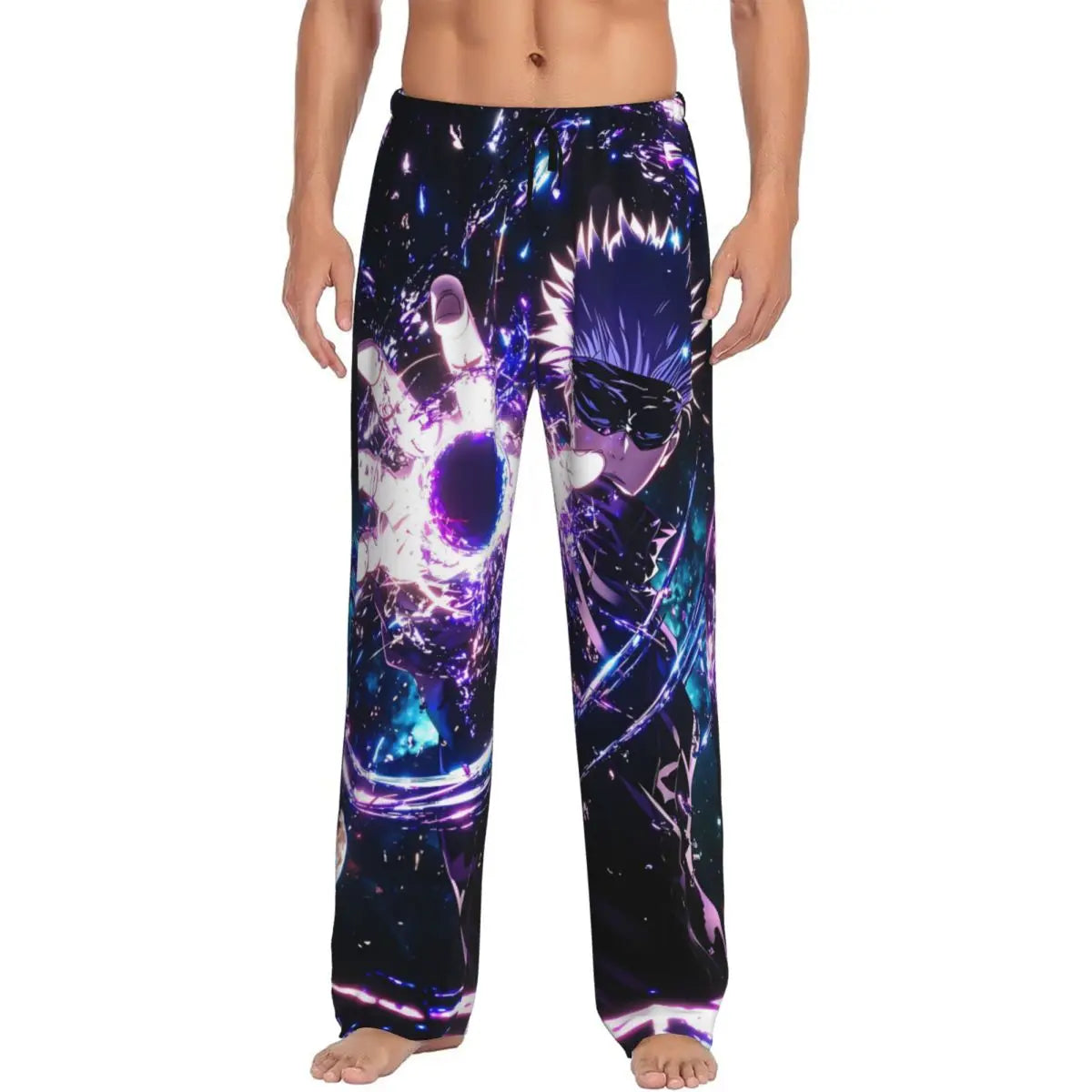 Pantalon de pyjama noir motif anime bleu/violet, imprimé visage, jambes droites