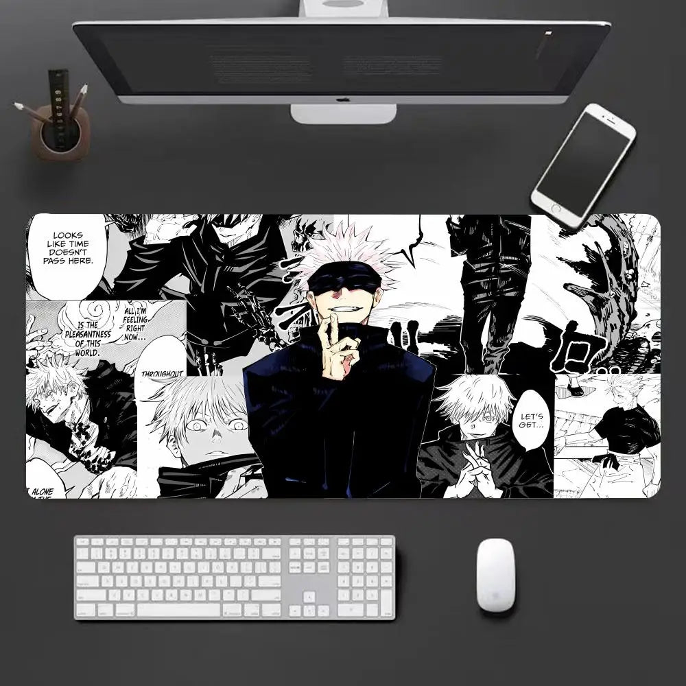Tapis de souris rectangulaire noir et blanc, illustration manga Gojo style collage.