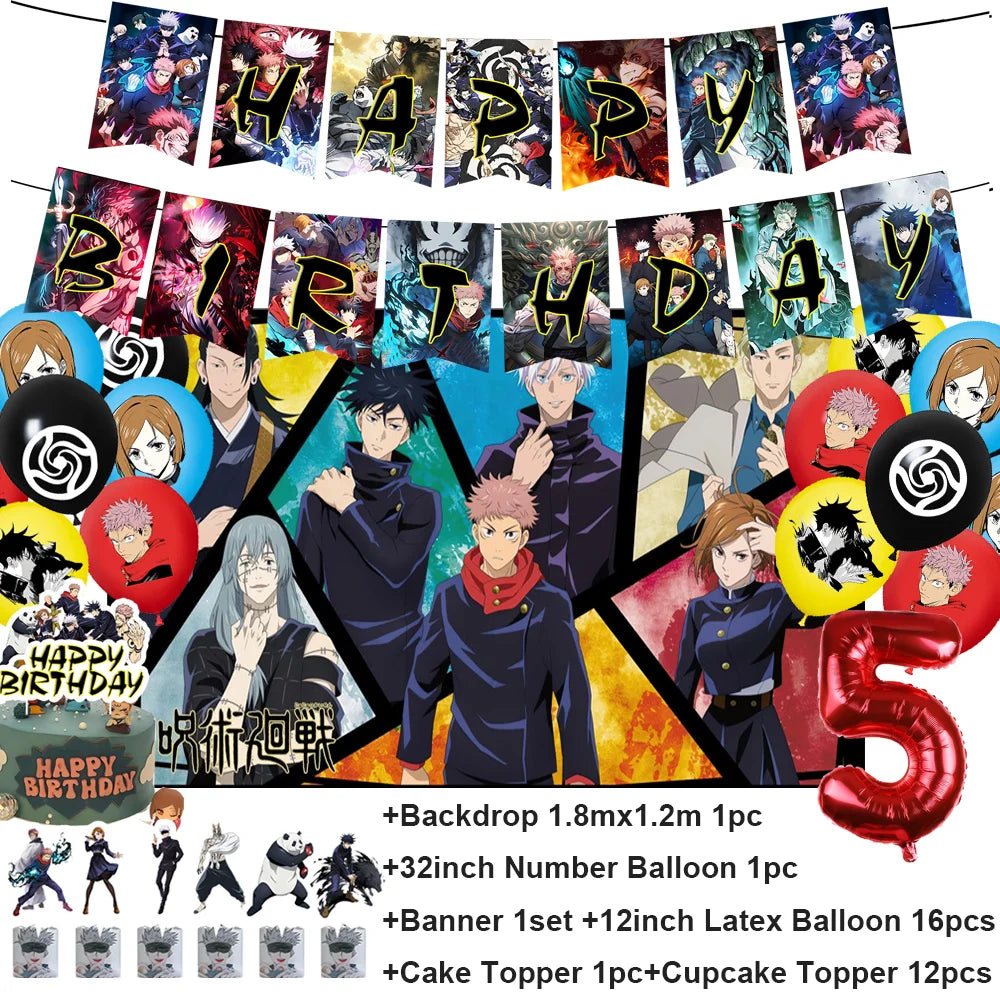 Kit anniversaire Jujutsu Kaisen : banderoles, ballons ronds et ballon rouge