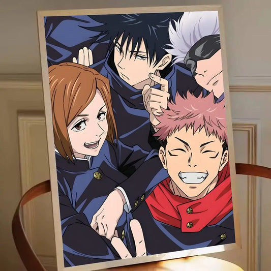 Affiche encadrée Jujutsu Kaisen : personnages souriants, bleu, rouge et rose.