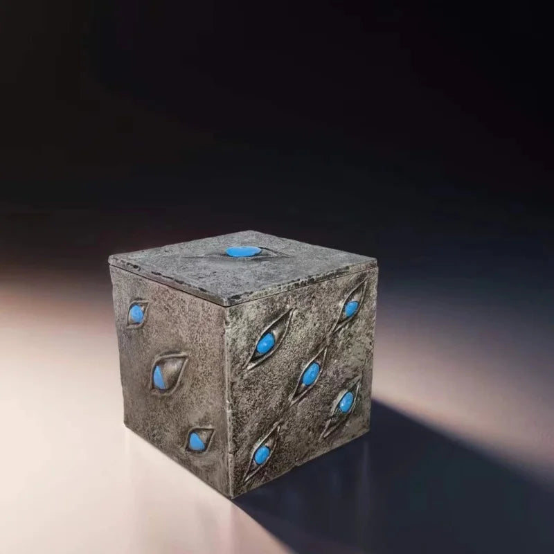 Cube boîte Prison gris texturé avec yeux bleus, vue trois-quarts